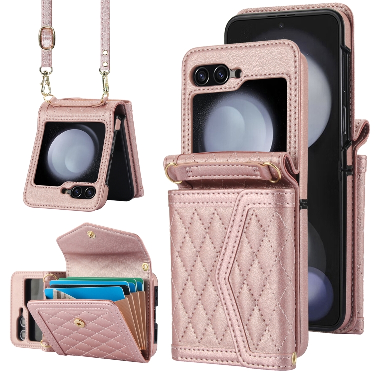 

For Samsung Galaxy Z Flip6 / Flip7 FE Splicing Rhombic Texture Phone Case with Long & Short Lanyard, Not Included Pen(Rose Gold)
