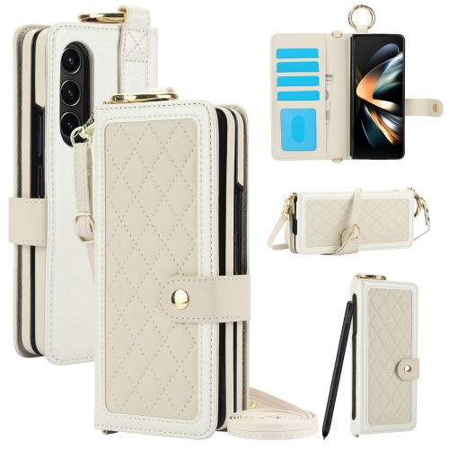 

For Samsung Galaxy Z Fold4 Splicing Rhombic Texture Phone Case with Long & Short Lanyard, Not Included Pen(Beige)