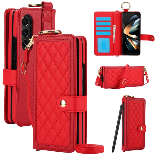 

For Samsung Galaxy Z Fold4 Splicing Rhombic Texture Phone Case with Long & Short Lanyard, Not Included Pen(Red)