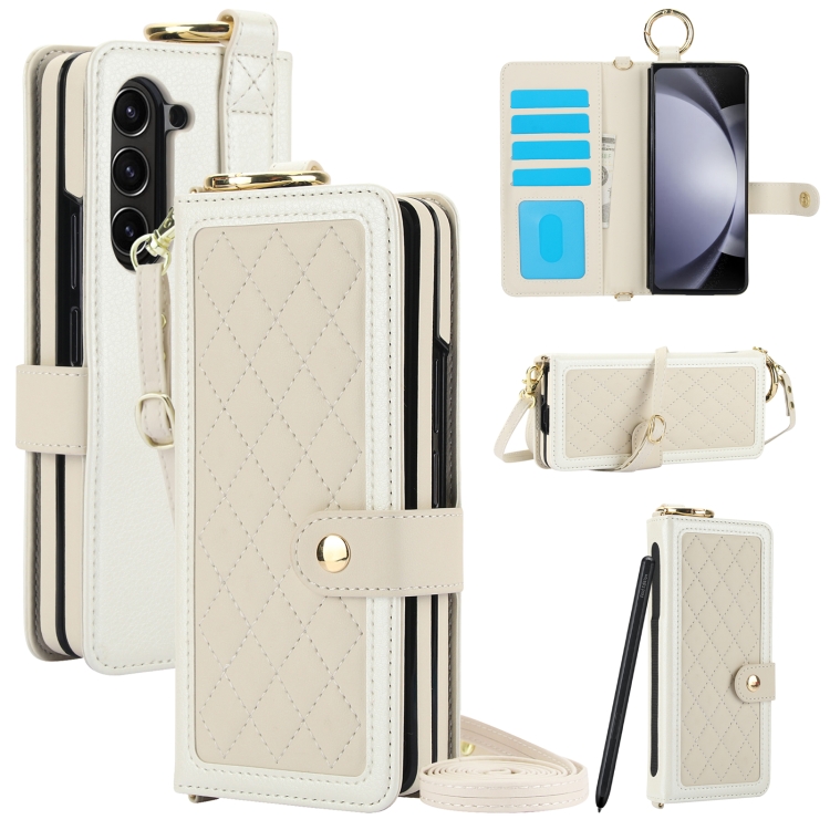 

For Samsung Galaxy Z Fold6 Splicing Rhombic Texture Phone Case with Long & Short Lanyard, Not Included Pen(Beige)