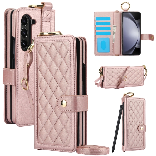 

For Samsung Galaxy Z Fold6 Splicing Rhombic Texture Phone Case with Long & Short Lanyard, Not Included Pen(Rose Gold)