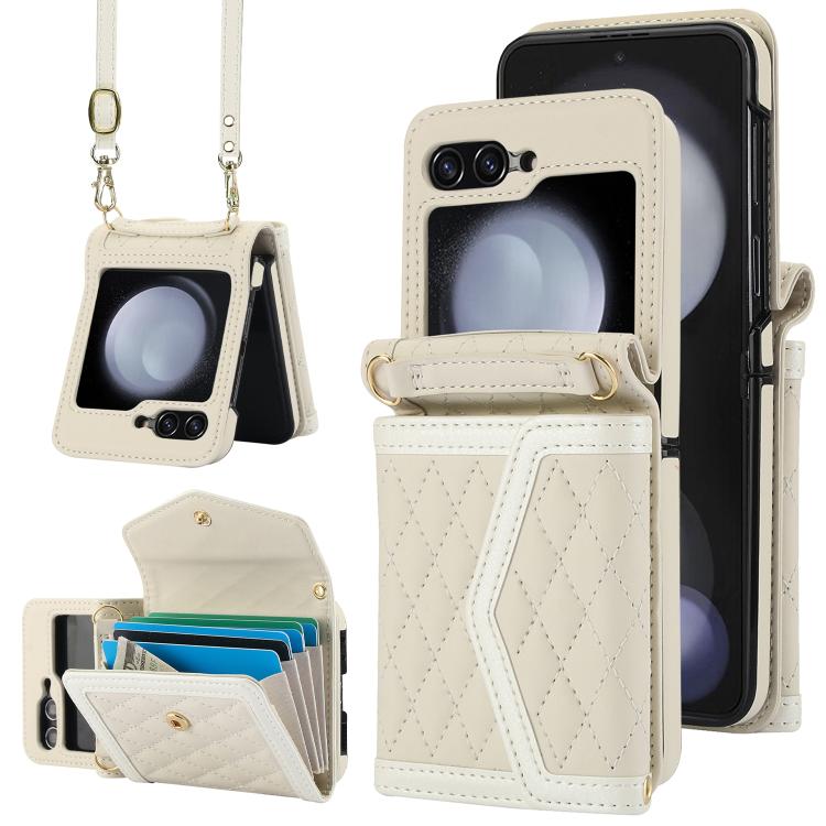

For Samsung Galaxy Z Flip7 5G Splicing Rhombic Texture Phone Case with Long & Short Lanyard, Not Included Pen(Beige)