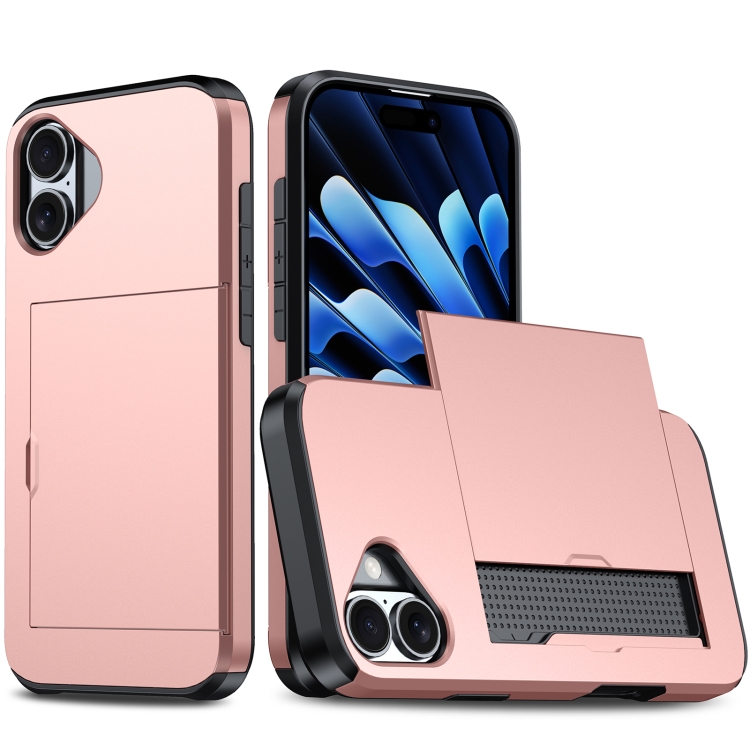 

For iPhone 16 Shockproof Armor Phone Case with Card Slot(Rose Gold)