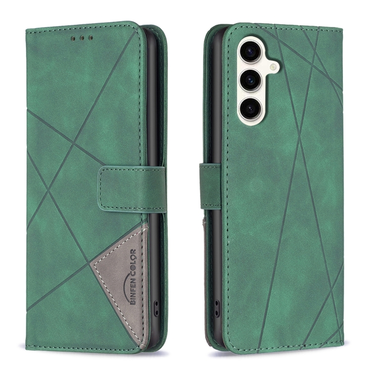 

For Samsung Galaxy S24 FE 5G Magnetic Buckle Rhombus Texture Leather Phone Case(Green)