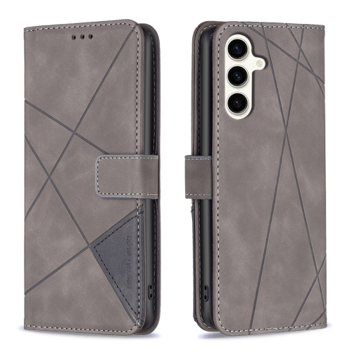 

For Samsung Galaxy S24 FE 5G Magnetic Buckle Rhombus Texture Leather Phone Case(Grey)