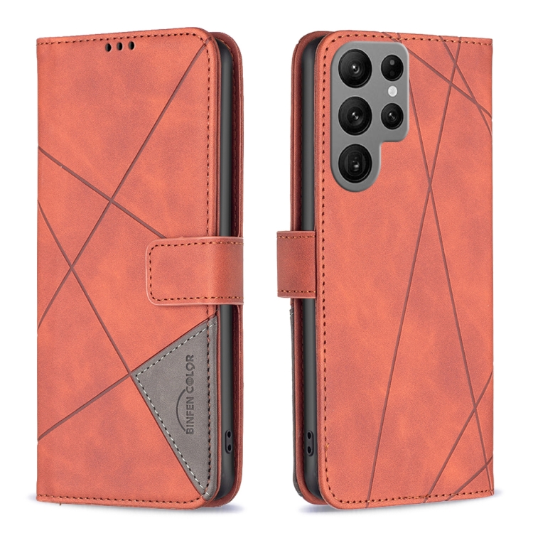 

For Samsung Galaxy S25 Ultra 5G Magnetic Buckle Rhombus Texture Leather Phone Case(Brown)