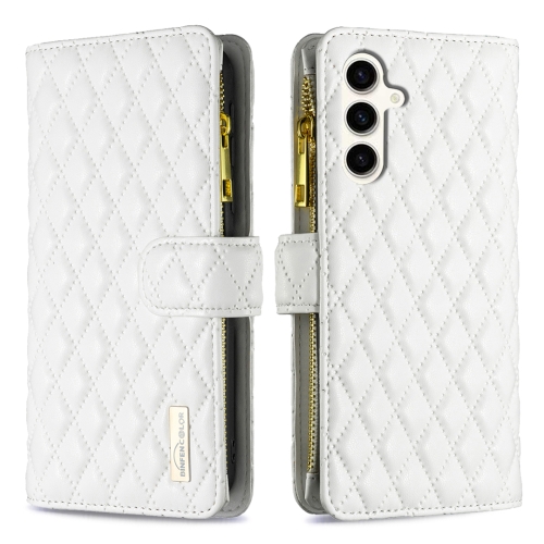 

For Samsung Galaxy S24 FE 5G Diamond Lattice Zipper Wallet Leather Flip Phone Case(White)