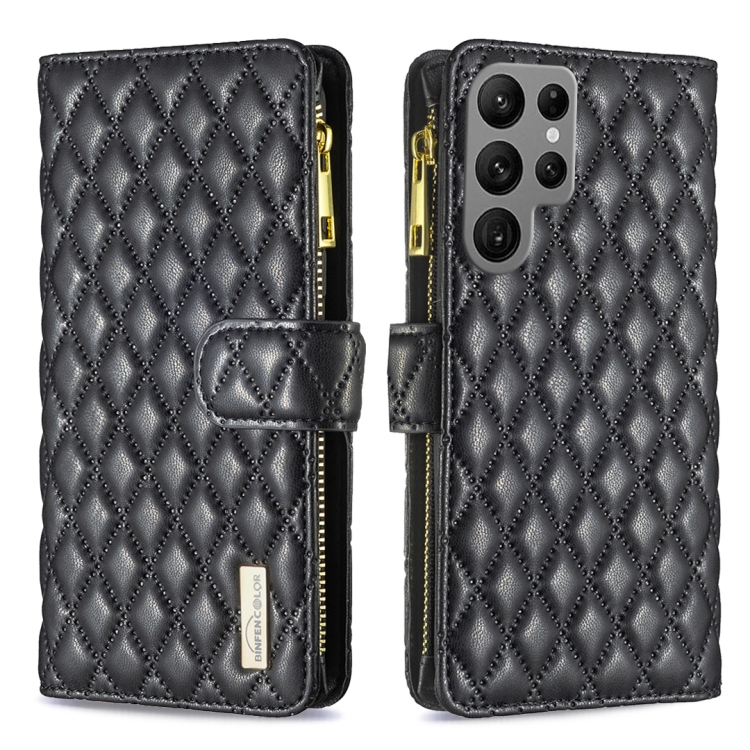 

For Samsung Galaxy S25 Ultra 5G Diamond Lattice Zipper Wallet Leather Flip Phone Case(Black)