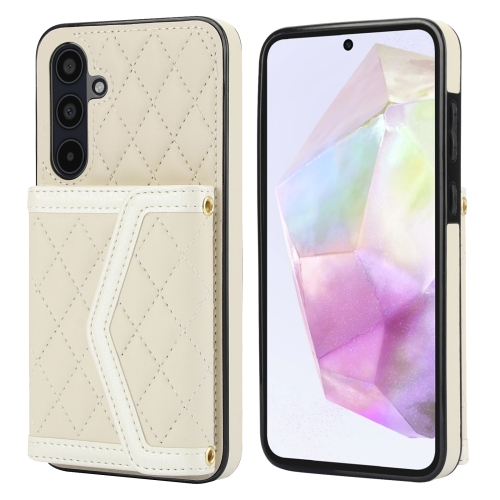 

For Samsung Galaxy A35 5G Splicing Rhombic Texture Card Bag Phone Case with Long Lanyard(Beige)