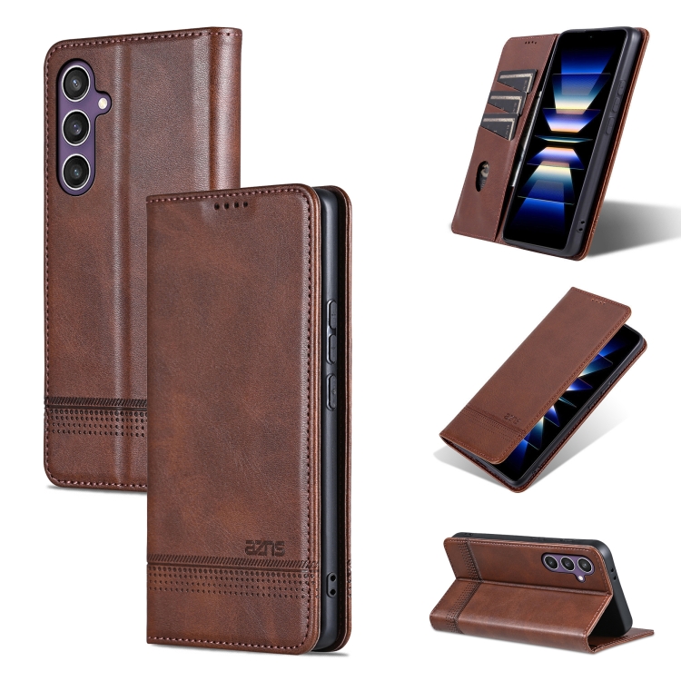 

For Samsung Galaxy S24 FE 5G AZNS Magnetic Calf Texture Flip Leather Phone Case(Dark Brown)
