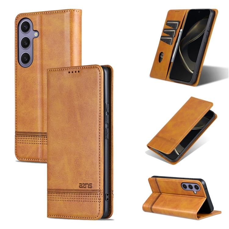 

For Samsung Galaxy S25 5G AZNS Magnetic Calf Texture Flip Leather Phone Case(Light Brown)