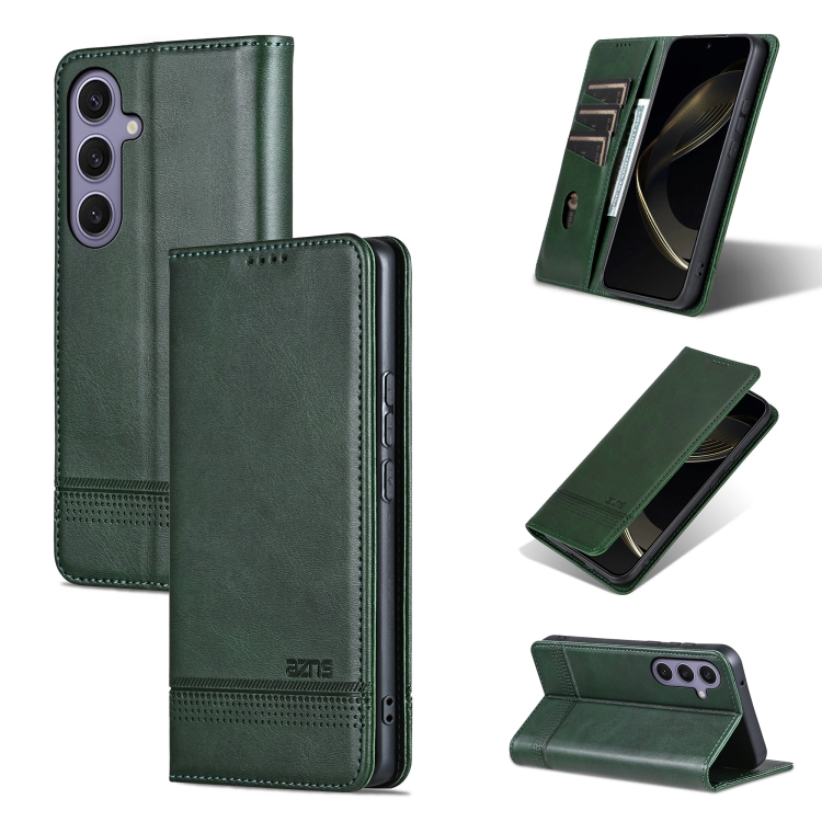 

For Samsung Galaxy S25+ 5G AZNS Magnetic Calf Texture Flip Leather Phone Case(Dark Green)