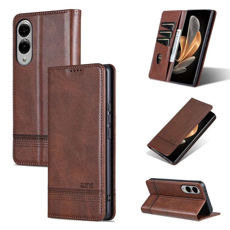 

For Samsung Galaxy S25 Edge 5G AZNS Magnetic Calf Texture Flip Leather Phone Case(Dark Brown)