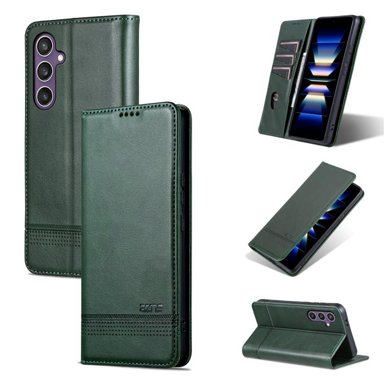 

For Samsung Galaxy S25 FE 5G AZNS Magnetic Calf Texture Flip Leather Phone Case(Dark Green)