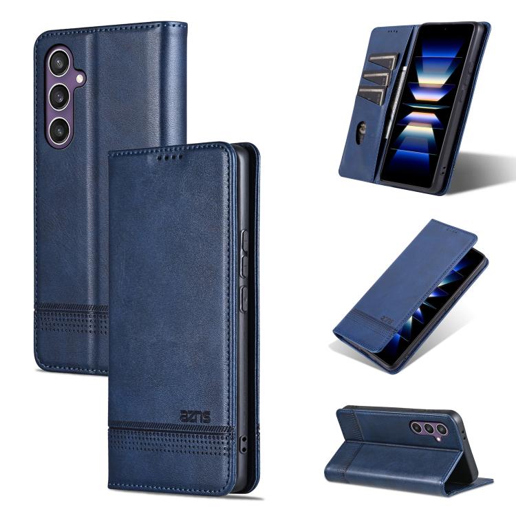 

For Samsung Galaxy S25 FE 5G AZNS Magnetic Calf Texture Flip Leather Phone Case(Dark Blue)