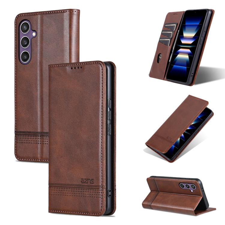 

For Samsung Galaxy S25 FE 5G AZNS Magnetic Calf Texture Flip Leather Phone Case(Dark Brown)