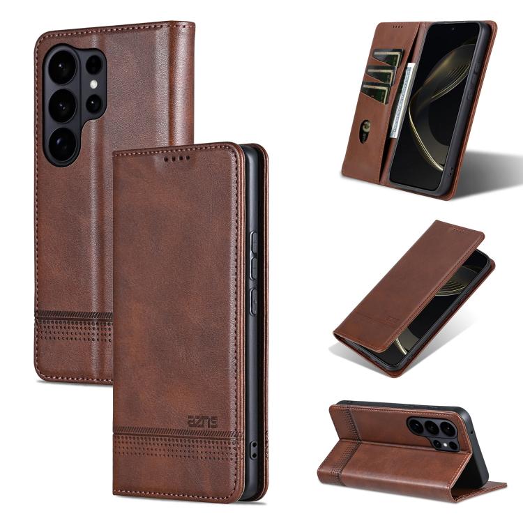 

For Samsung Galaxy S26 Ultra 5G AZNS Magnetic Calf Texture Flip Leather Phone Case(Dark Brown)