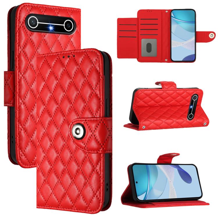 

For Tecno Spark Slim 5G Rhombic Texture Flip Leather Phone Case with Lanyard(Red)