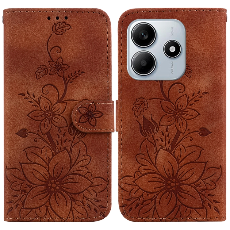 

For Redmi Note 14 5G Lily Embossed Leather Phone Case(Brown)