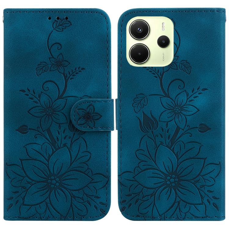 

For Redmi Note 14 4G 163.25mm Lily Embossed Leather Phone Case(Dark Blue)