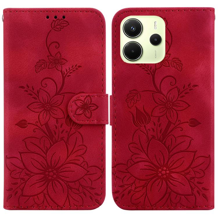 

For Redmi Note 14 4G 163.25mm Lily Embossed Leather Phone Case(Red)