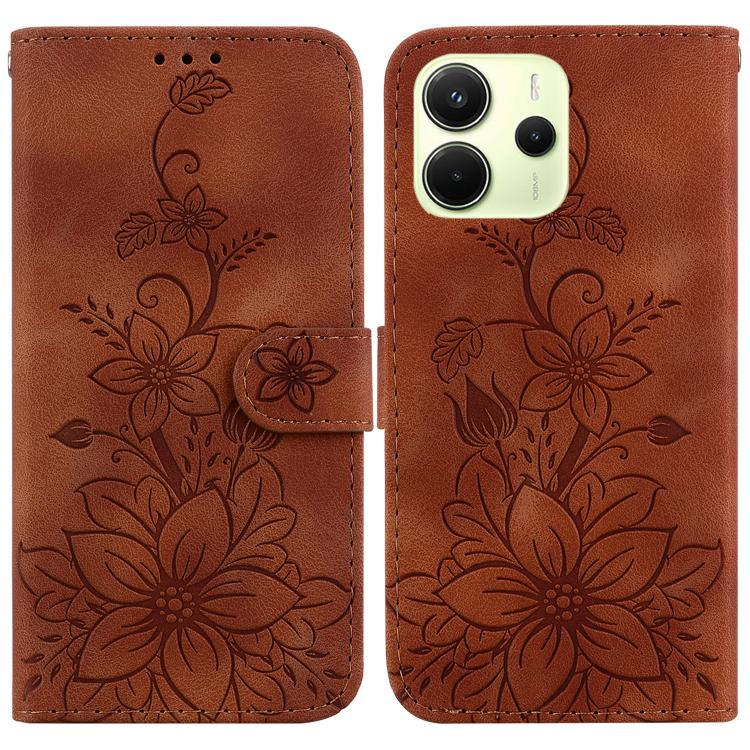 

For Redmi Note 14 4G 164.84mm Lily Embossed Leather Phone Case(Brown)