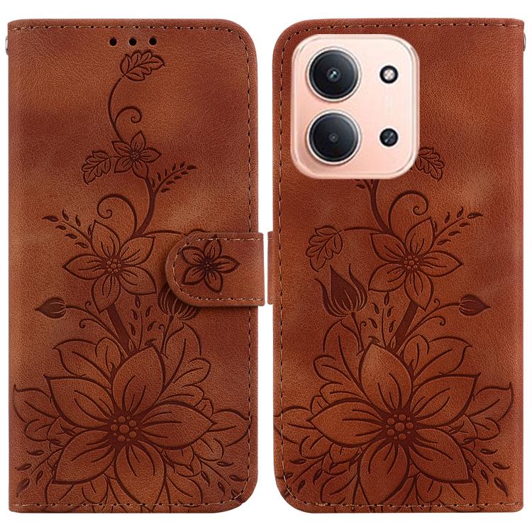 

For Redmi 15C 5G / 4G EU 173mm / Poco C85 5G Lily Embossed Leather Phone Case(Brown)