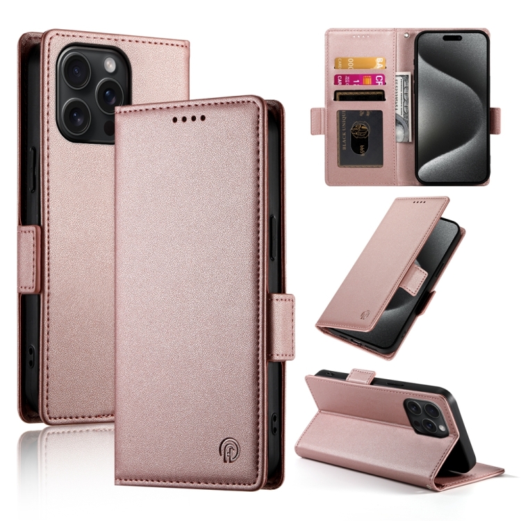

For iPhone 15 Pro Max Side Buckle Magnetic Frosted Leather Phone Case(Rose Gold)
