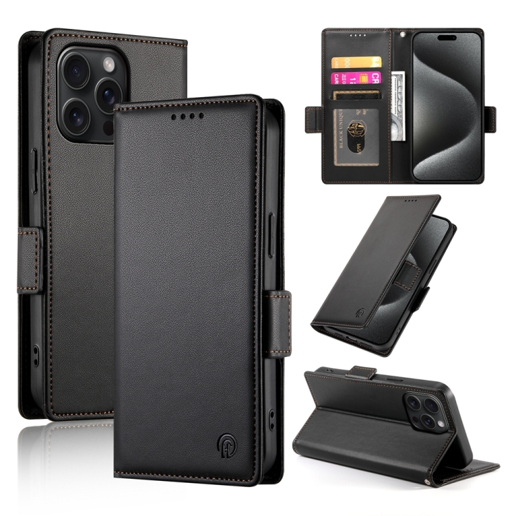 

For iPhone 15 Pro Max Side Buckle Magnetic Frosted Leather Phone Case(Black)