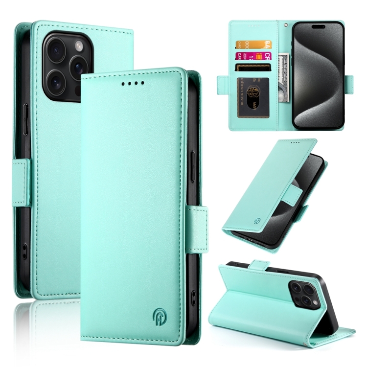 

For iPhone 15 Pro Max Side Buckle Magnetic Frosted Leather Phone Case(Mint Green)