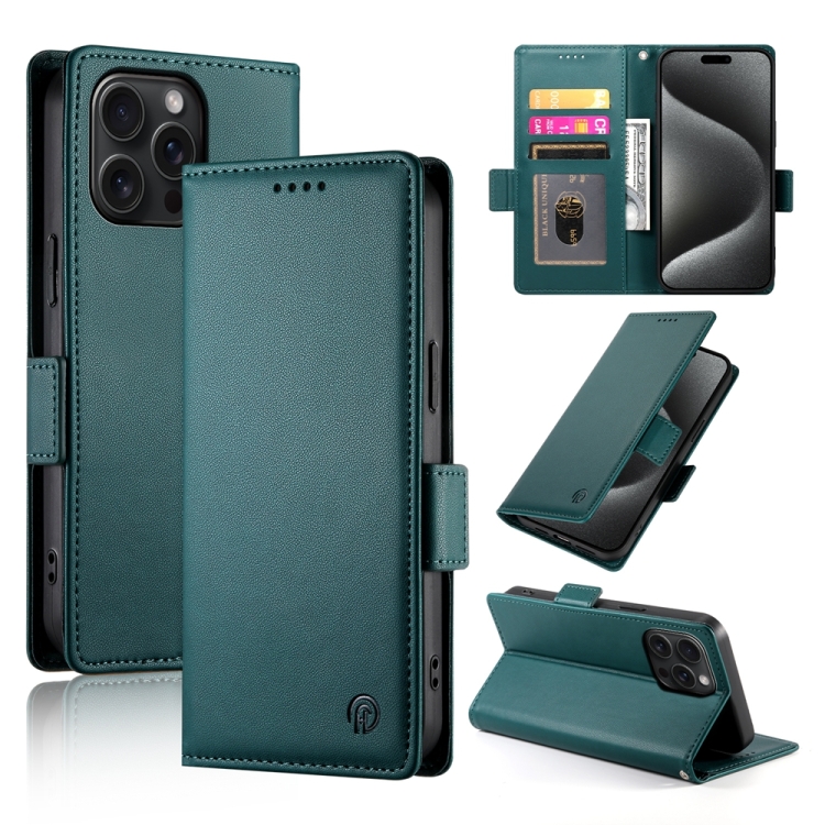

For iPhone 15 Pro Max Side Buckle Magnetic Frosted Leather Phone Case(Dark Green)