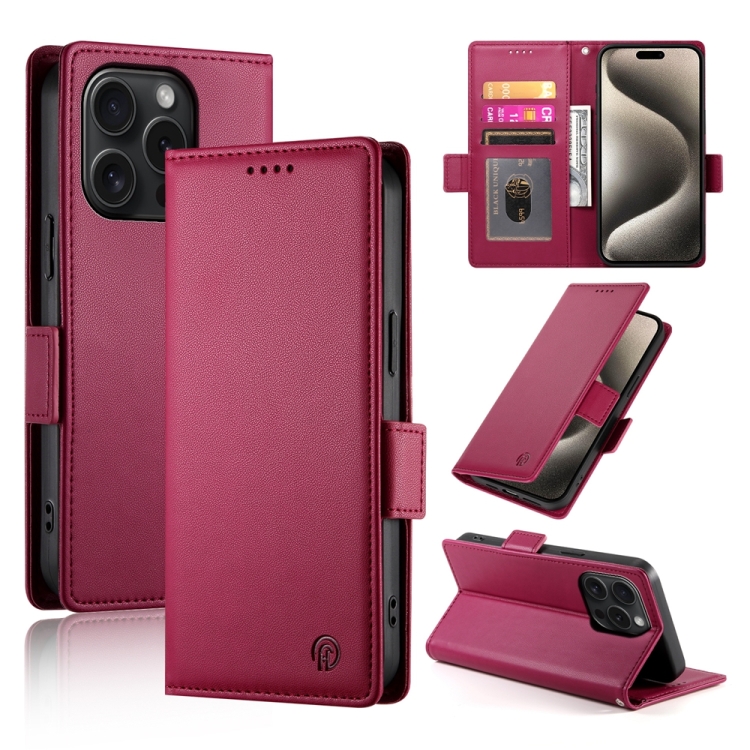 

For iPhone 15 Pro Side Buckle Magnetic Frosted Leather Phone Case(Wine Red)