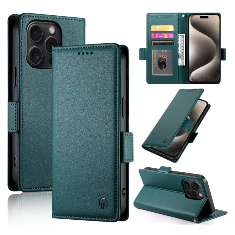 

For iPhone 15 Pro Side Buckle Magnetic Frosted Leather Phone Case(Dark Green)