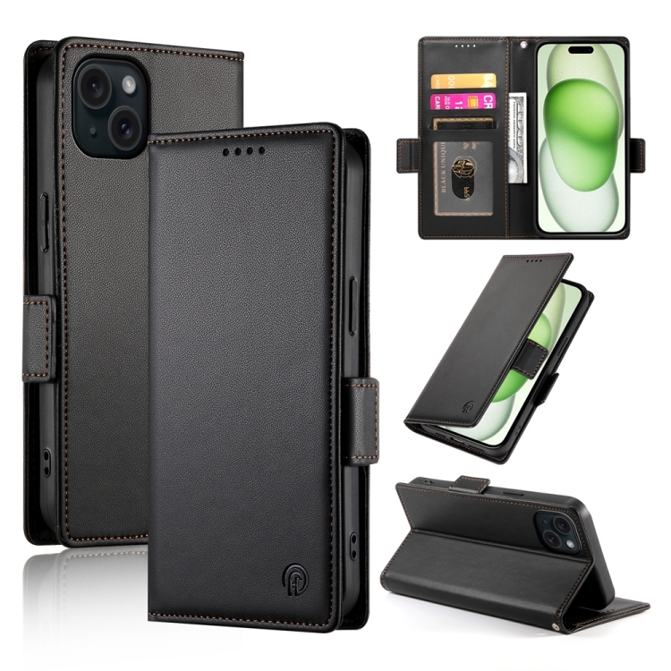 

For iPhone 15 Plus Side Buckle Magnetic Frosted Leather Phone Case(Black)