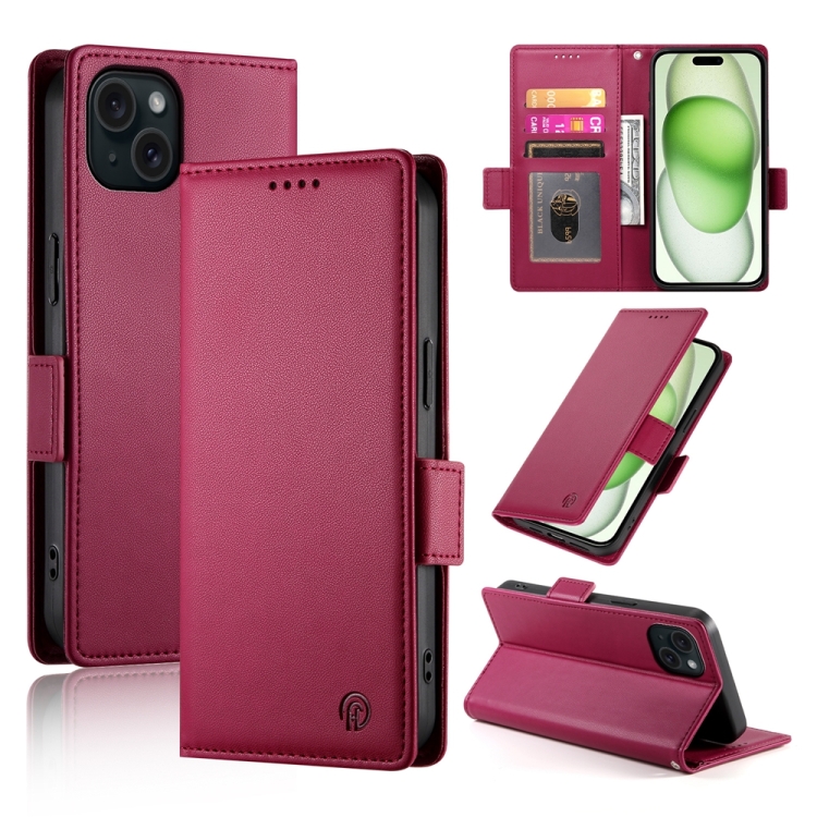 

For iPhone 15 Plus Side Buckle Magnetic Frosted Leather Phone Case(Wine Red)