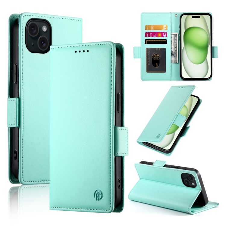 

For iPhone 15 Plus Side Buckle Magnetic Frosted Leather Phone Case(Mint Green)