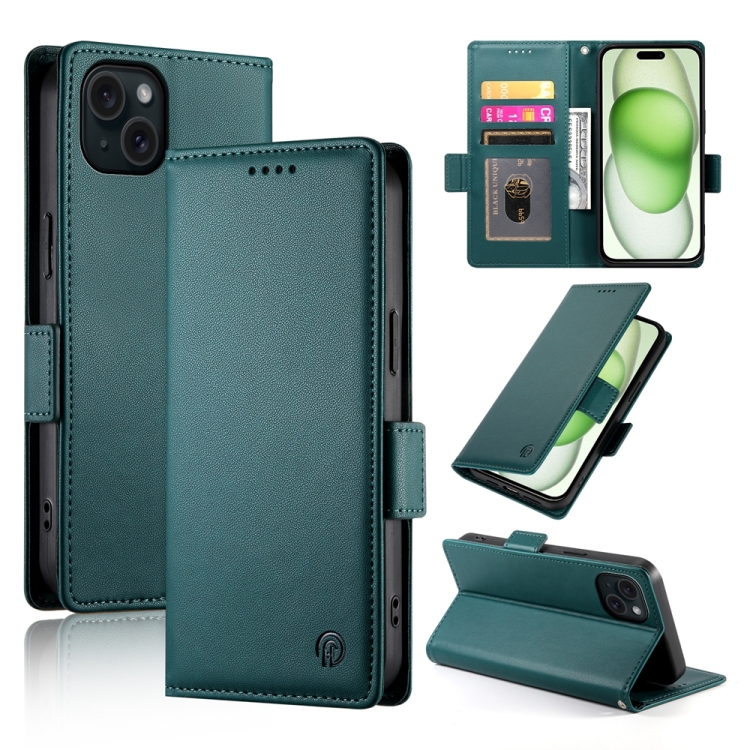 

For iPhone 15 Plus Side Buckle Magnetic Frosted Leather Phone Case(Dark Green)