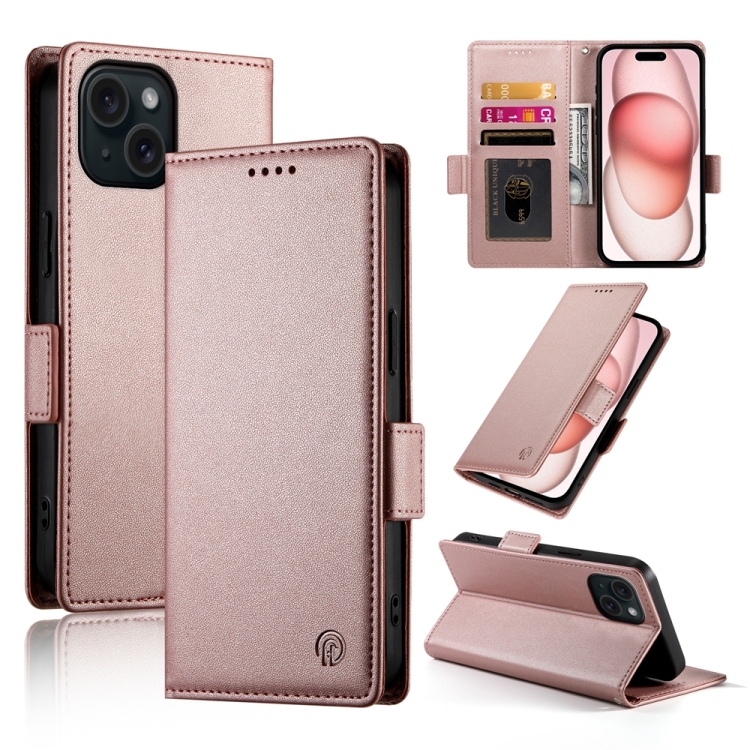 

For iPhone 15 Side Buckle Magnetic Frosted Leather Phone Case(Rose Gold)