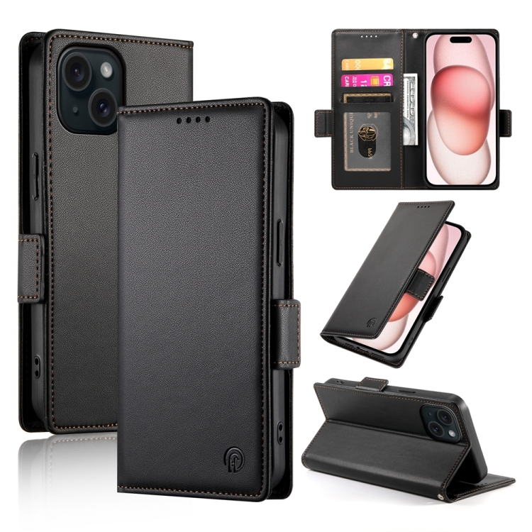 

For iPhone 15 Side Buckle Magnetic Frosted Leather Phone Case(Black)