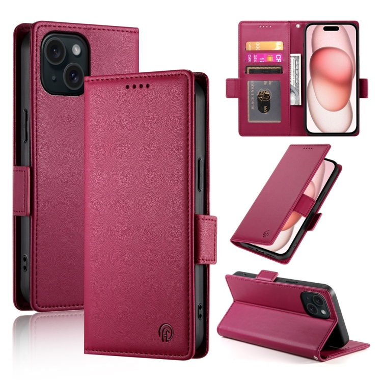 

For iPhone 15 Side Buckle Magnetic Frosted Leather Phone Case(Wine Red)