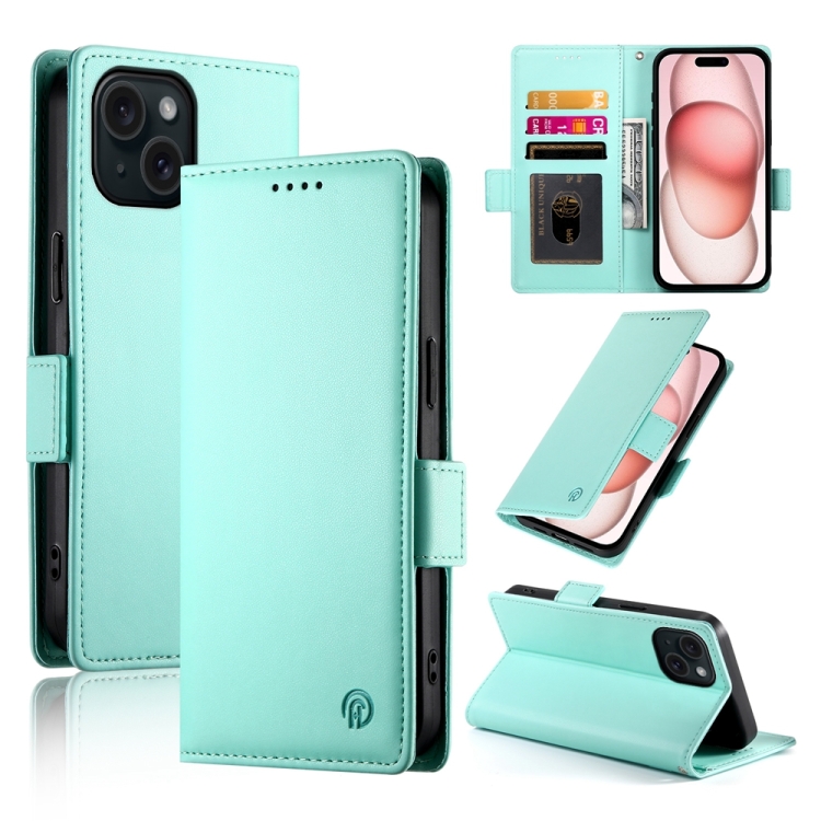 

For iPhone 15 Side Buckle Magnetic Frosted Leather Phone Case(Mint Green)