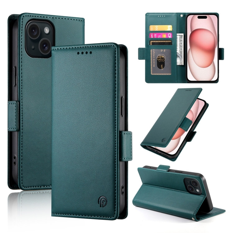 

For iPhone 15 Side Buckle Magnetic Frosted Leather Phone Case(Dark Green)