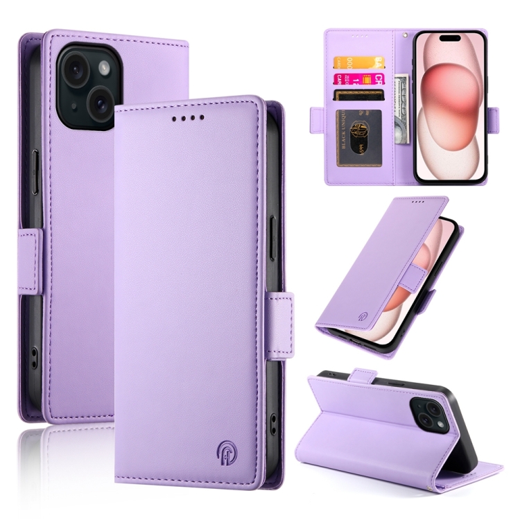 

For iPhone 15 Side Buckle Magnetic Frosted Leather Phone Case(Purple)