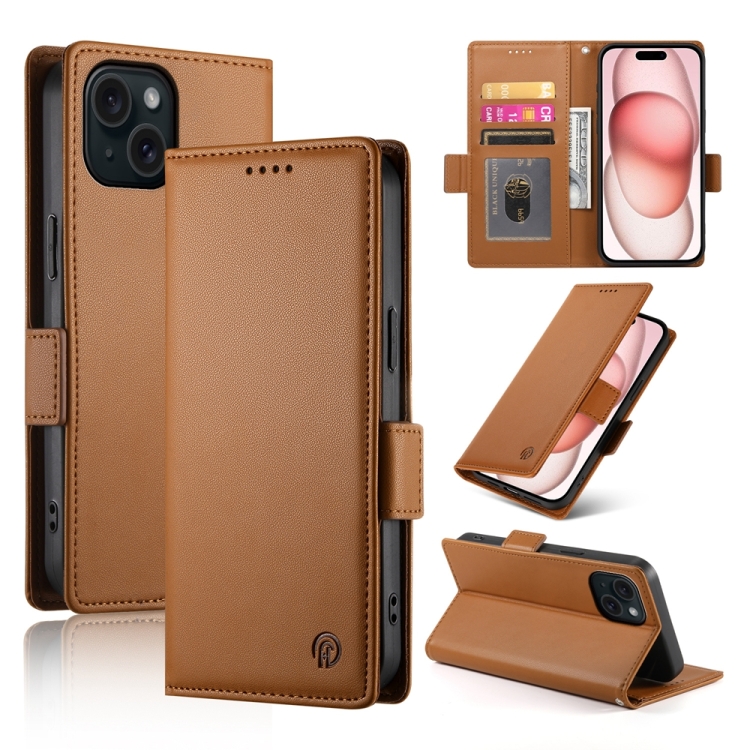 

For iPhone 15 Side Buckle Magnetic Frosted Leather Phone Case(Brown)