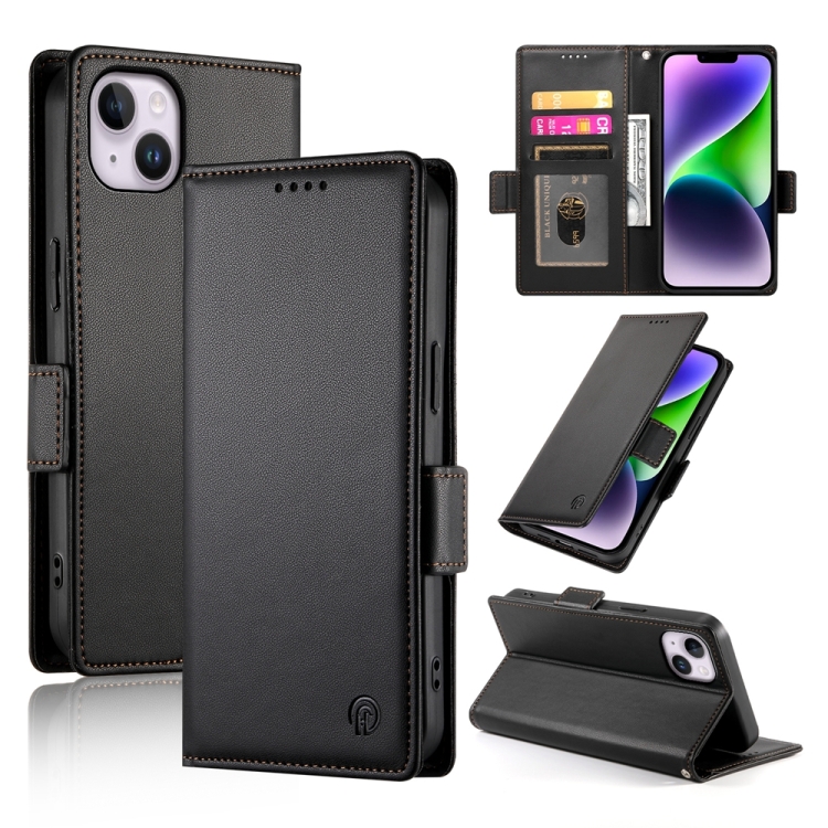 

For iPhone 14 Plus Side Buckle Magnetic Frosted Leather Phone Case(Black)