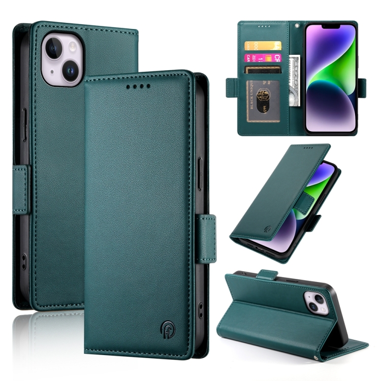 

For iPhone 14 Plus Side Buckle Magnetic Frosted Leather Phone Case(Dark Green)