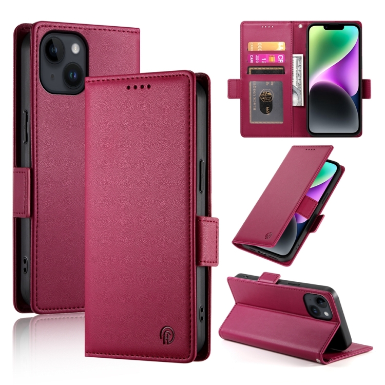 

For iPhone 14 Side Buckle Magnetic Frosted Leather Phone Case(Wine Red)