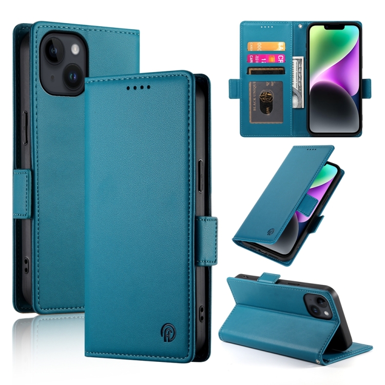 

For iPhone 14 Side Buckle Magnetic Frosted Leather Phone Case(Blue)