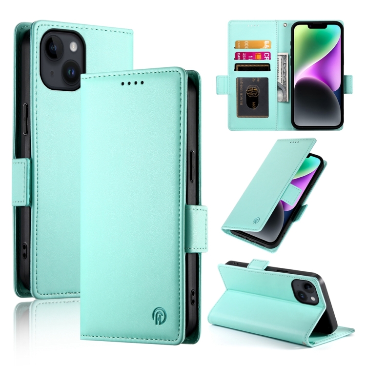 

For iPhone 14 Side Buckle Magnetic Frosted Leather Phone Case(Mint Green)