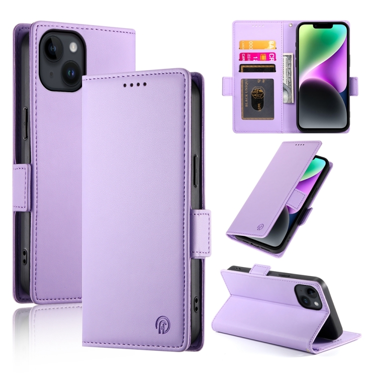 

For iPhone 14 Side Buckle Magnetic Frosted Leather Phone Case(Purple)